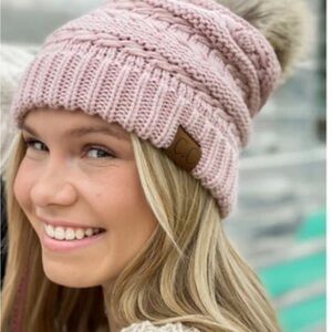 NWOT CC Army Green knitted slouch beanie hat with pom pom